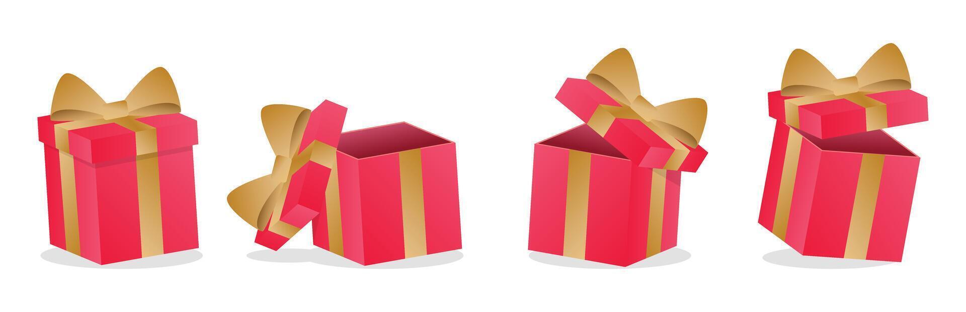 Collection of red gift box design, opened closed gift box set vector