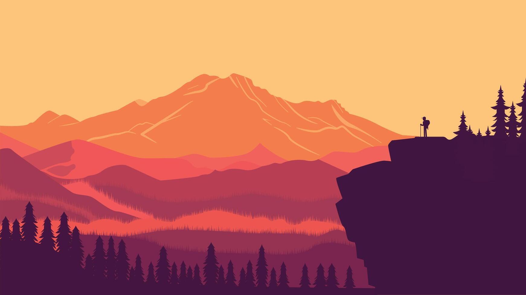 Hiker Silhouette on the Top of Cliff with Mountain Landscape and Pine Tree in the Jungle at Sunset vector