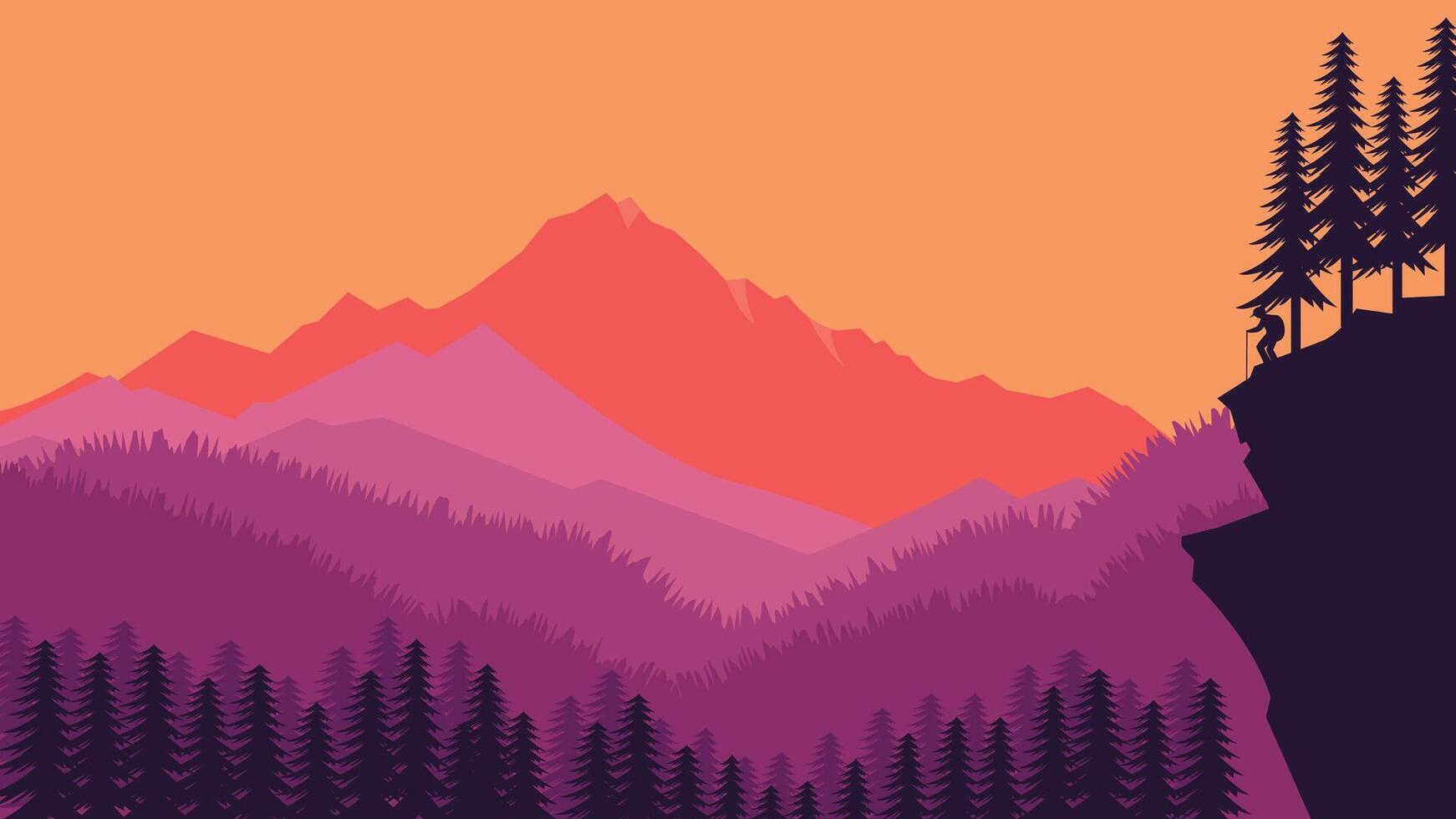 Hiker Silhouette on the Top of Cliff with Mountain Landscape and Fir Tree in the Forest at Sunset vector