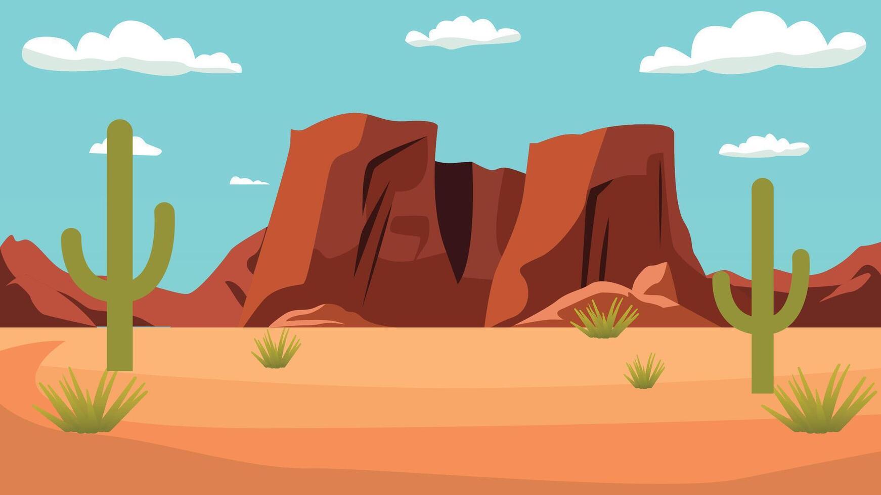 American Desert Landscape with Rocky Cliff Mountain and Cactus Plant in Blue Bright Sky vector