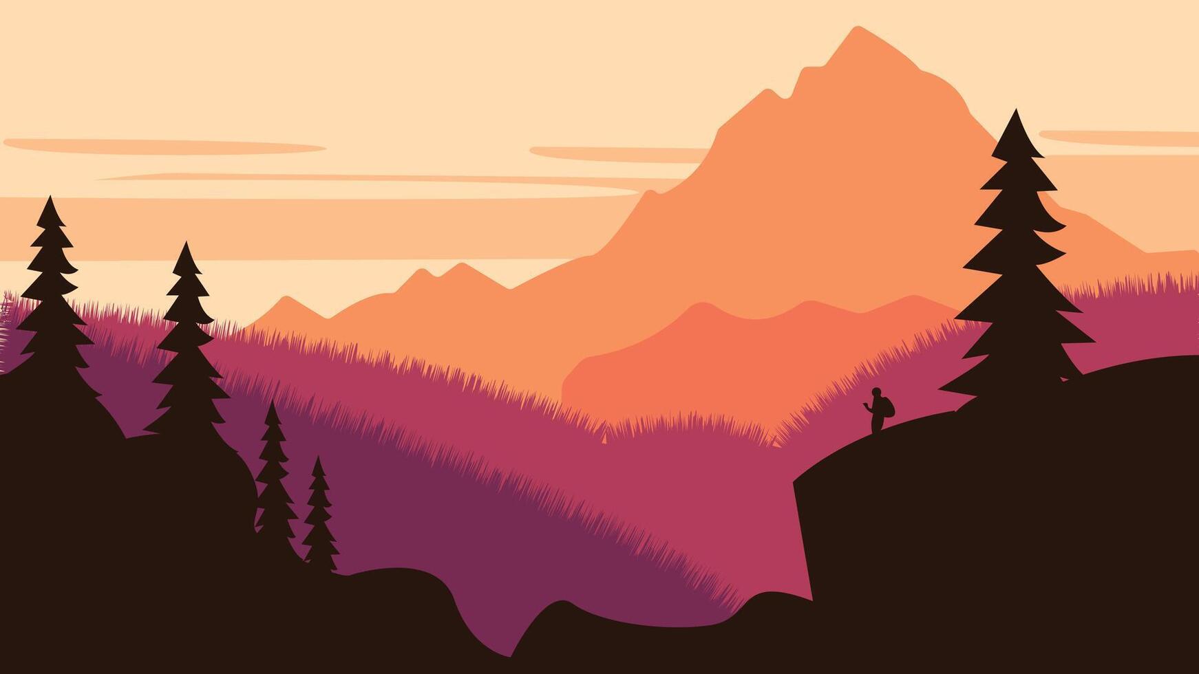 Hiker Silhouette on the Top of Cliff with Mountain Landscape and Pine Tree in the Forest at Sunset vector