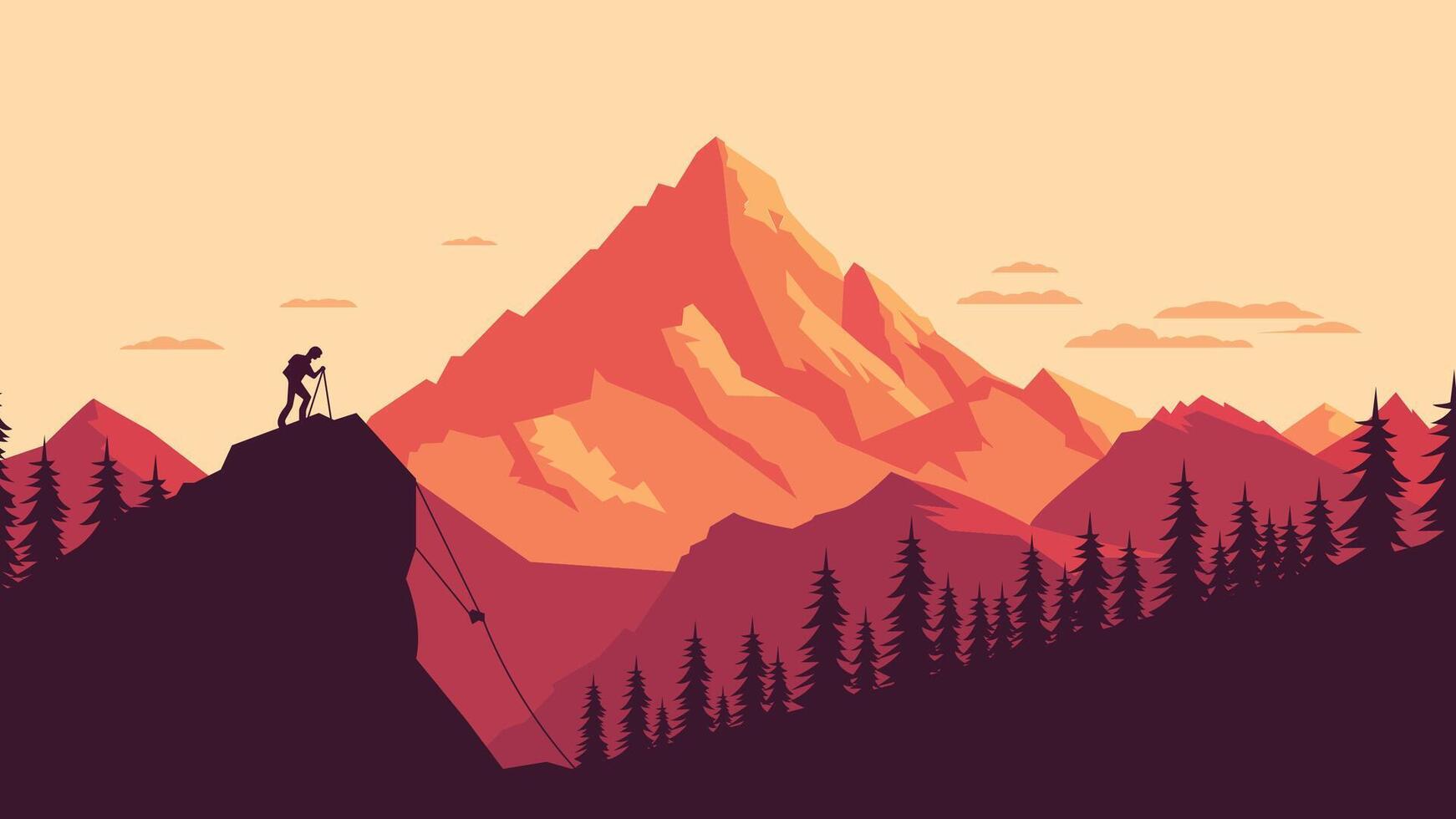 Hiker on the Top of Cliff with Mountain Landscape and Pine Tree in the Forest at Sunset vector