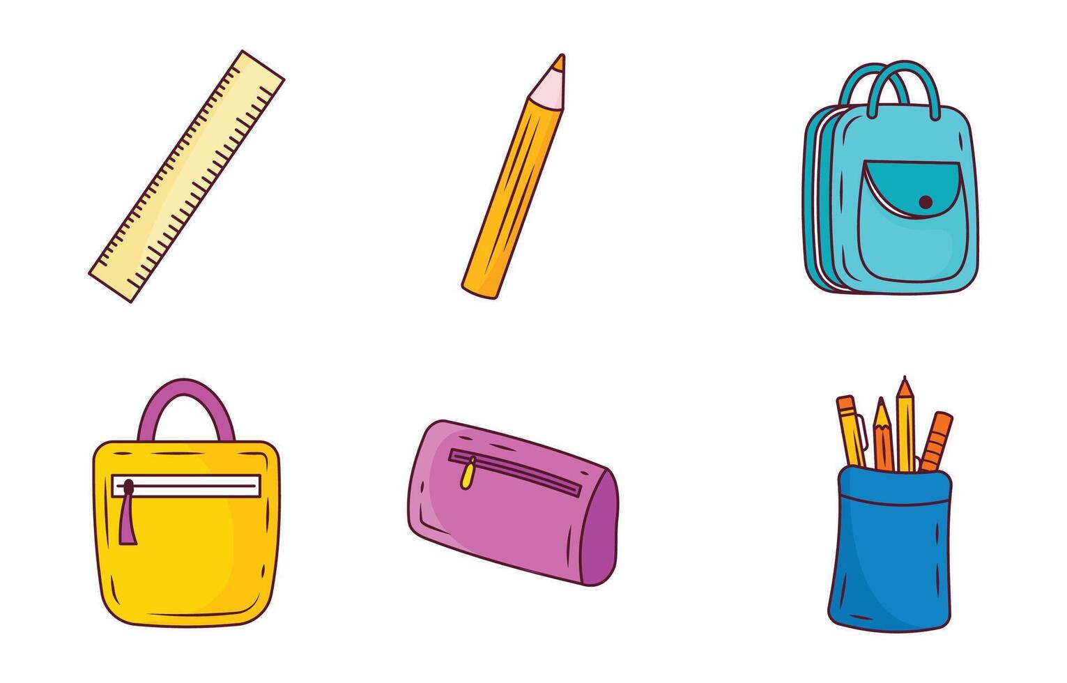 Elements Set of School Stationery Tool and Equipment with Pencil Pen Ruler Pouch Bag vector
