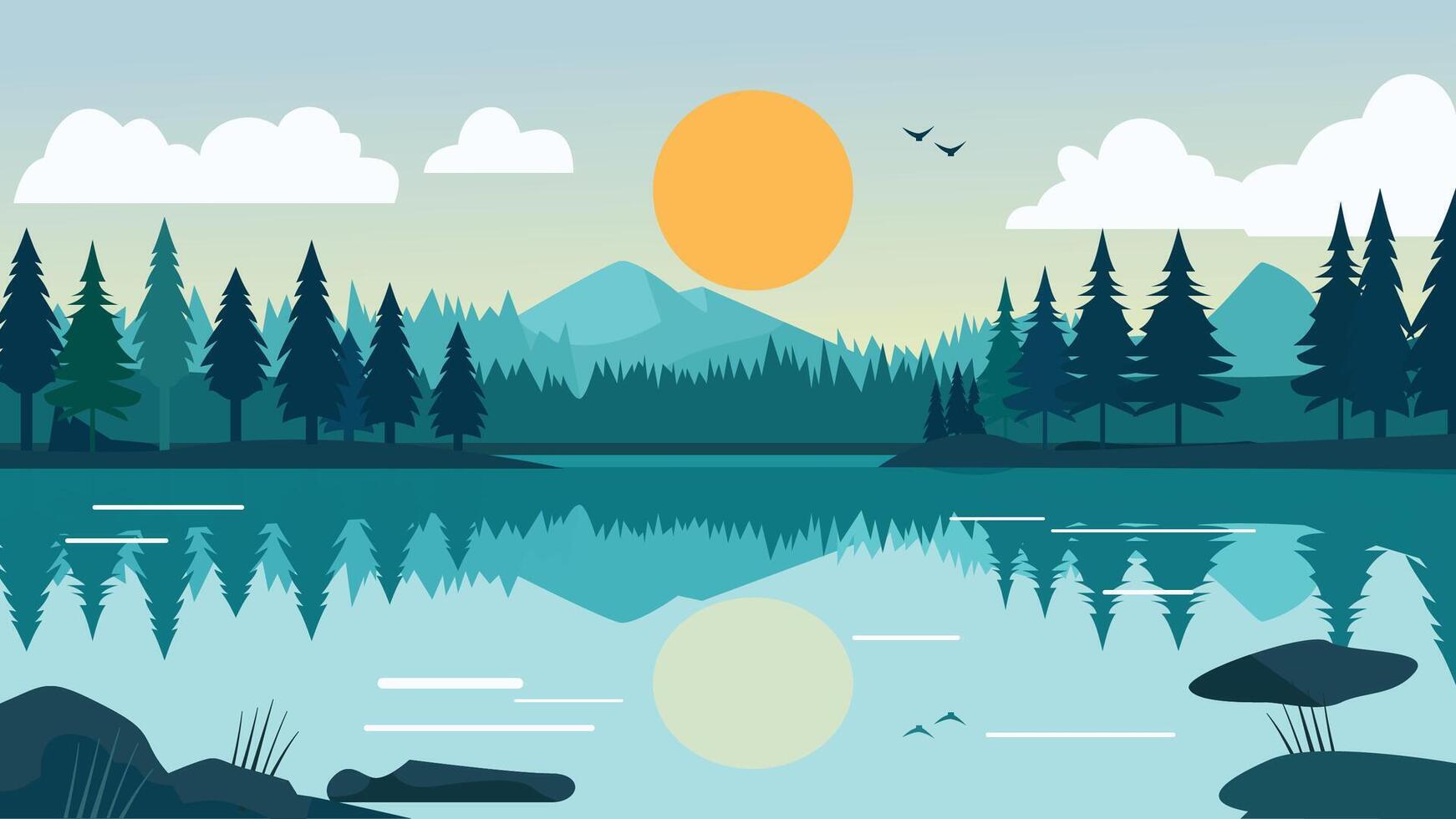 Beautiful Mountain Nature Landscape with River Lake and Pine Tree in Snow Winter Season vector