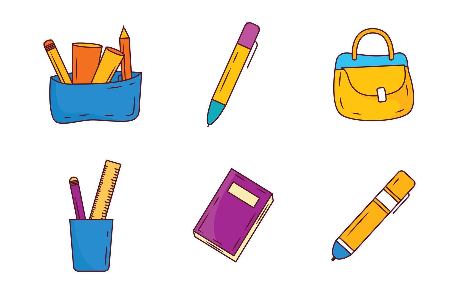 Elements Set of School Stationery Tool and Equipment with Book Pencil Bag Pouch vector