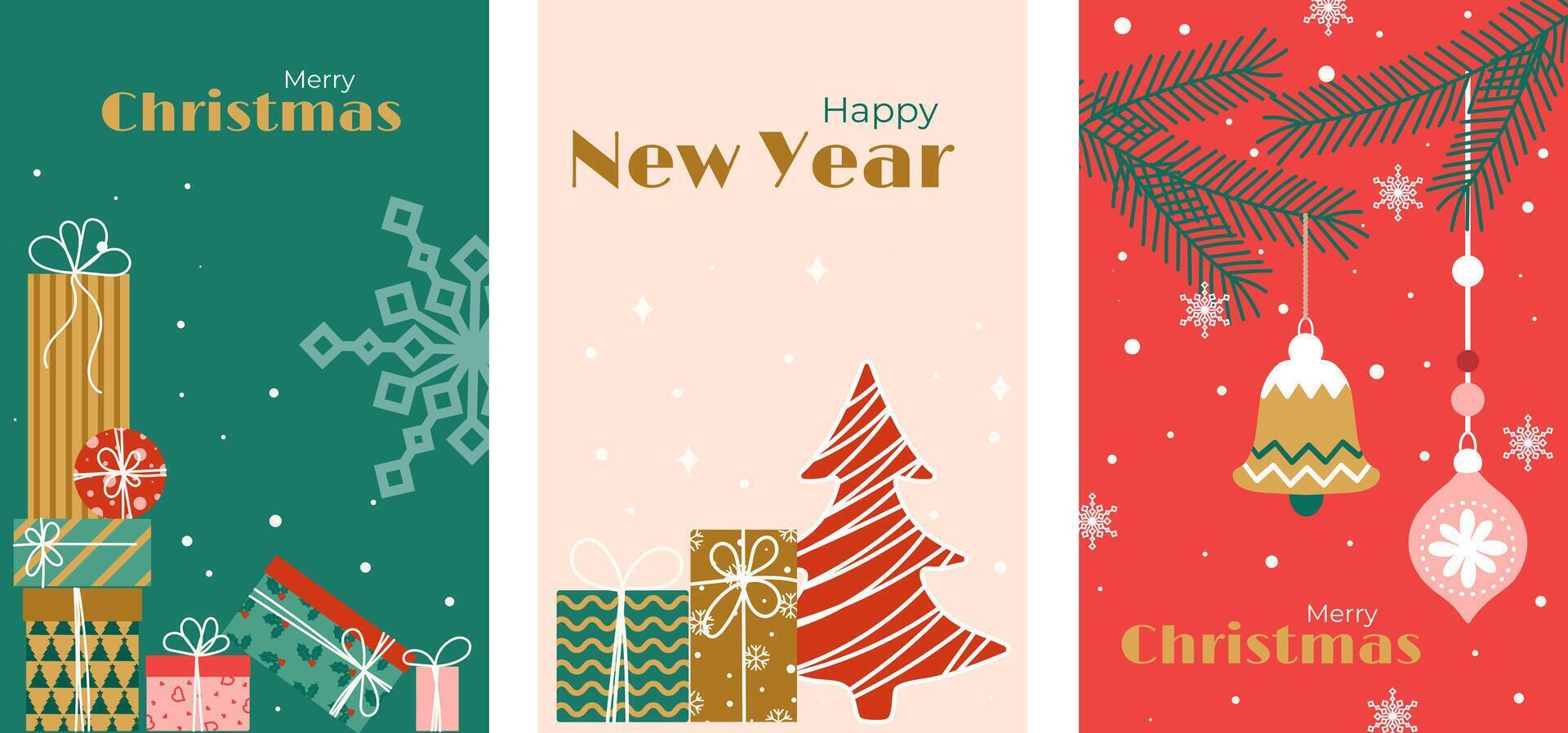 Christmas greeting card set. Trendy minimalist design with typography, Christmas tree ornaments, gifts, snowflakes. template for poster, greeting card, invitation, cover vector