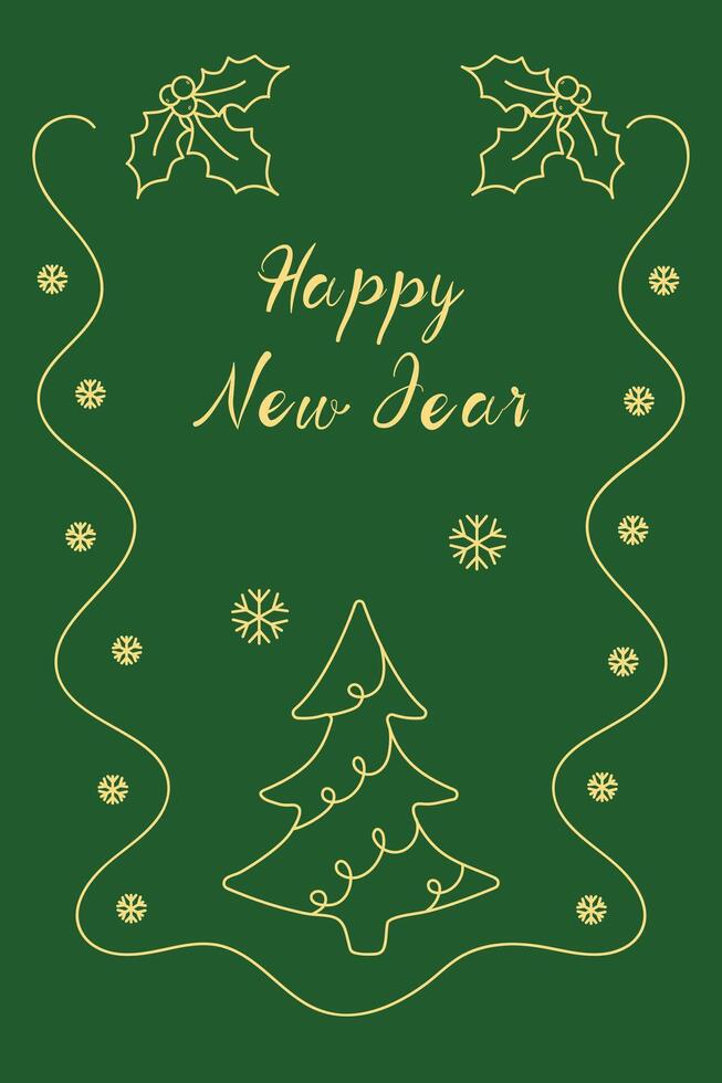 Hand drawn new year greeting card. Christmas design with festive Christmas tree, garlands. Minimalistic doodle style poster on green background. Perfect for invitations, cards, covers, banners. vector
