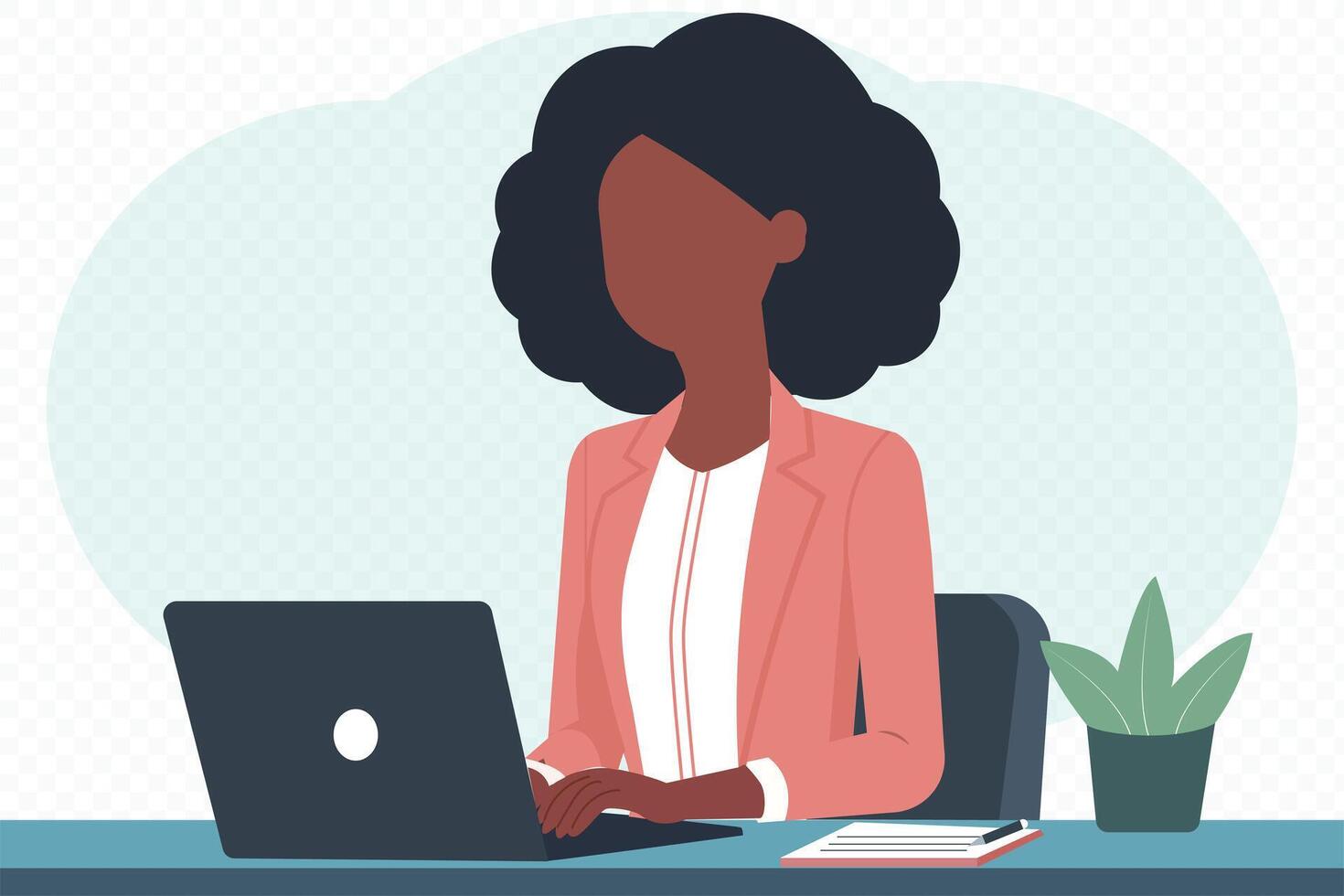 African American Black professional woman sitting with computer laptop working in flat design illustration with white background vector