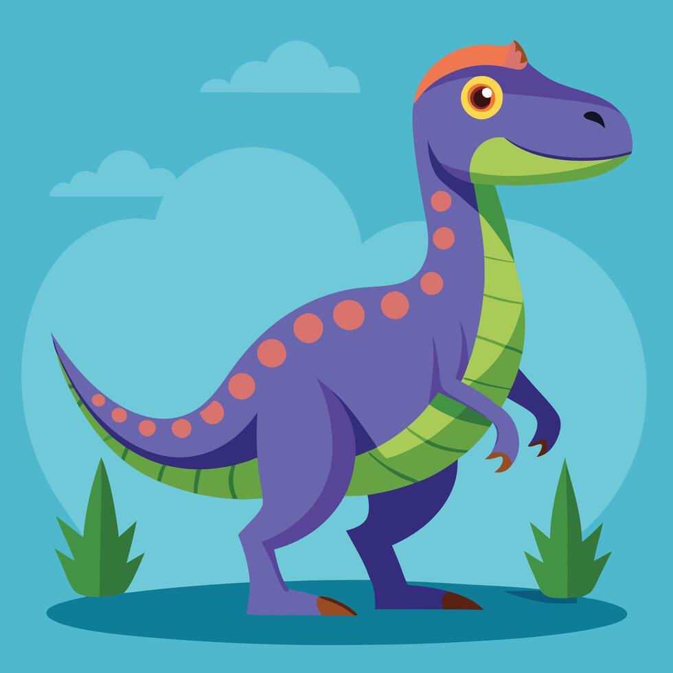A cartoon dinosaur with a purple head and orange spots vector