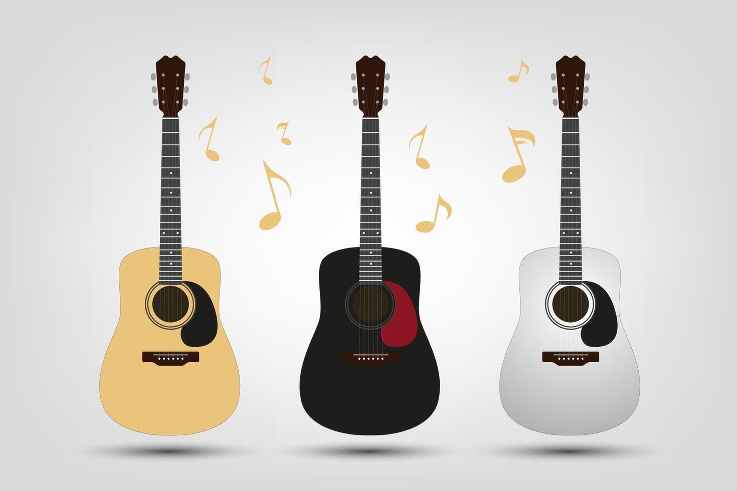 Set of three acroustic guitars with musical icons on white background, three collection of acroustic guitars music elements is used for singers. vector
