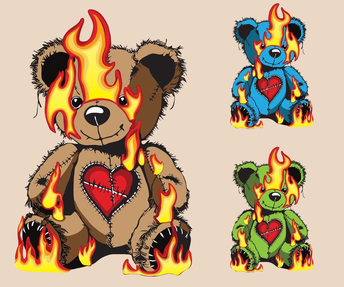 Teddy Bear on fire with a broken heart. vector