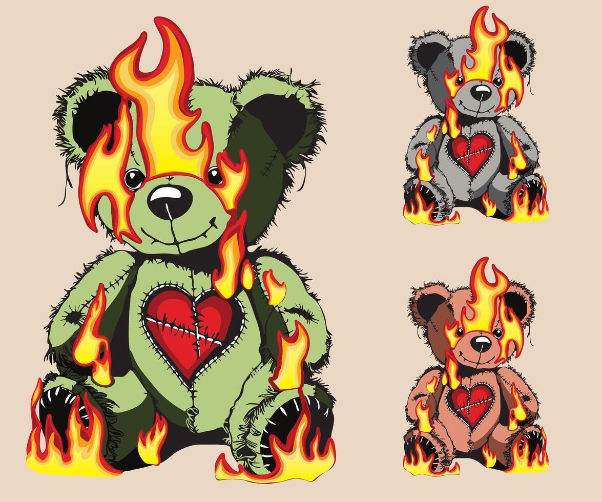 Green Teddy Bear on fire with a broken heart. vector