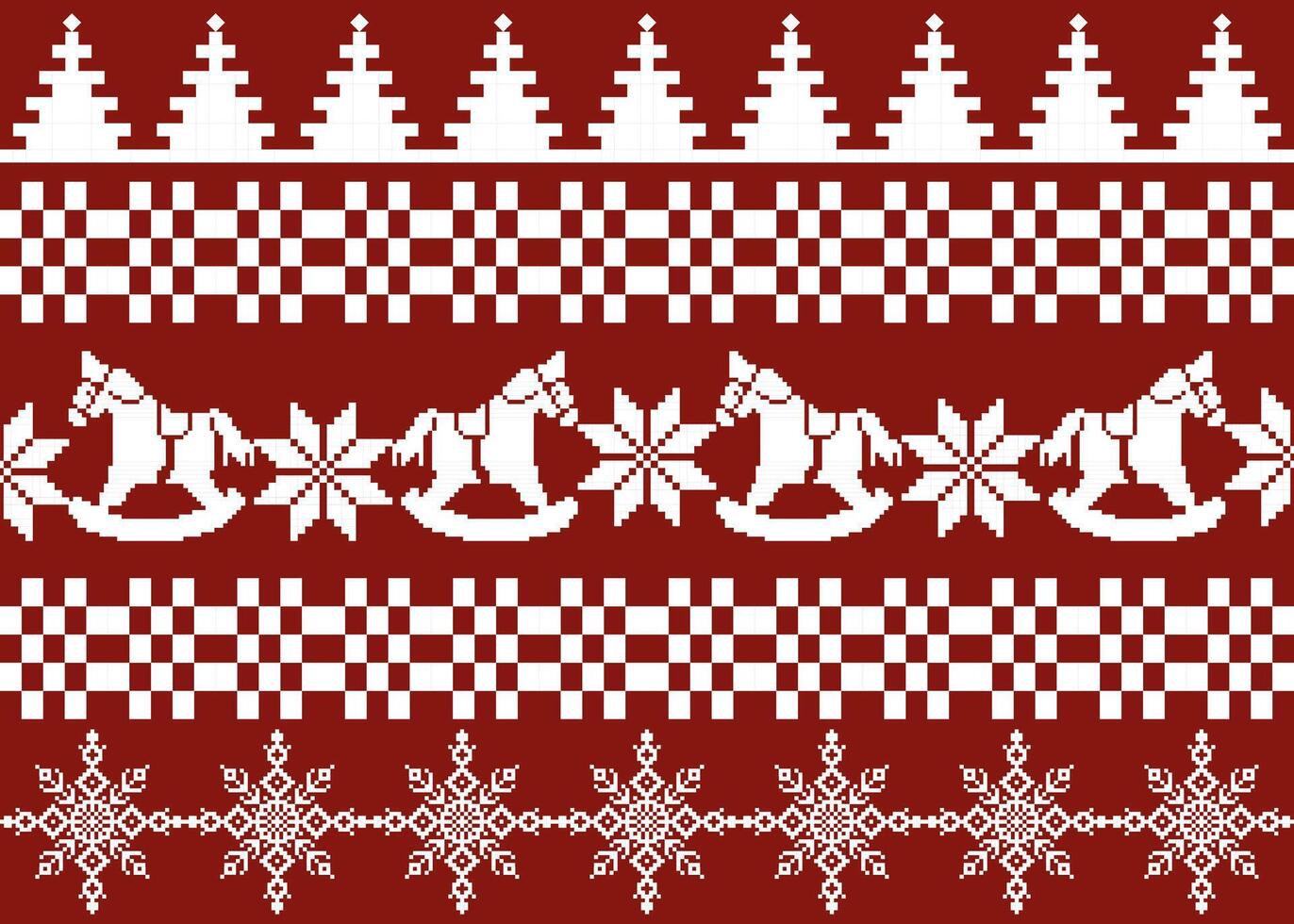 Seamless classic Christmas pattern, often referred pattern. It features a repeating design of Christmas trees, snowflakes, rocking horses, and geometric shapes vector