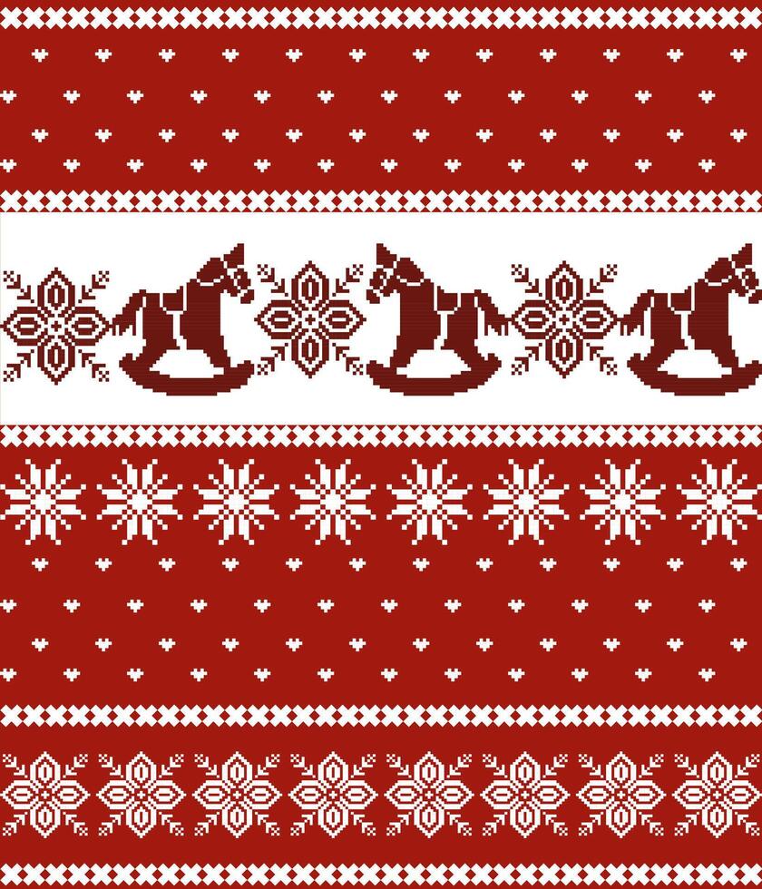 Seamless Red and White Knitted Pattern, Rocking Horse Christmas Knit, Wintery Knitted Background, Festive Knitted Texture vector