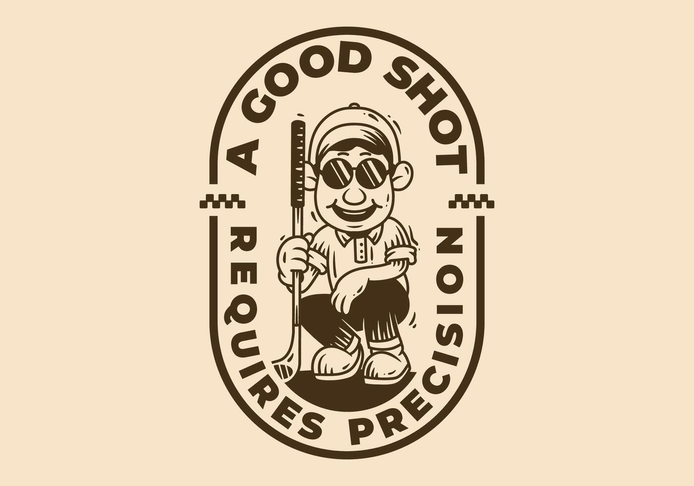 a good shot requires precision. Vintage golfer character holding a stick, in oval shape vector