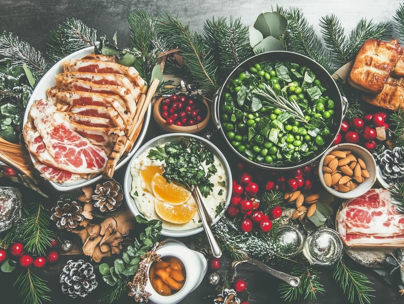 A Festive Christmas Table Spread with Appetizers and a Christmas Ham photo