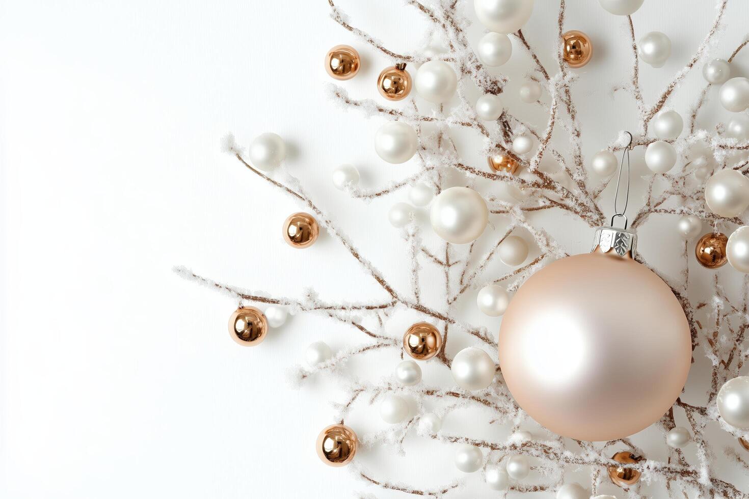 A Delicate Winter Scene with a Pearl-Colored Ornament and Snowy Branches photo