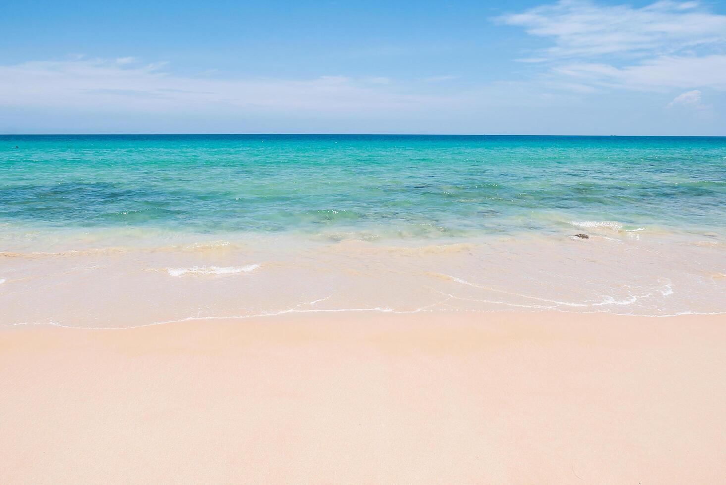 A sandy beach with water and blue sky photo