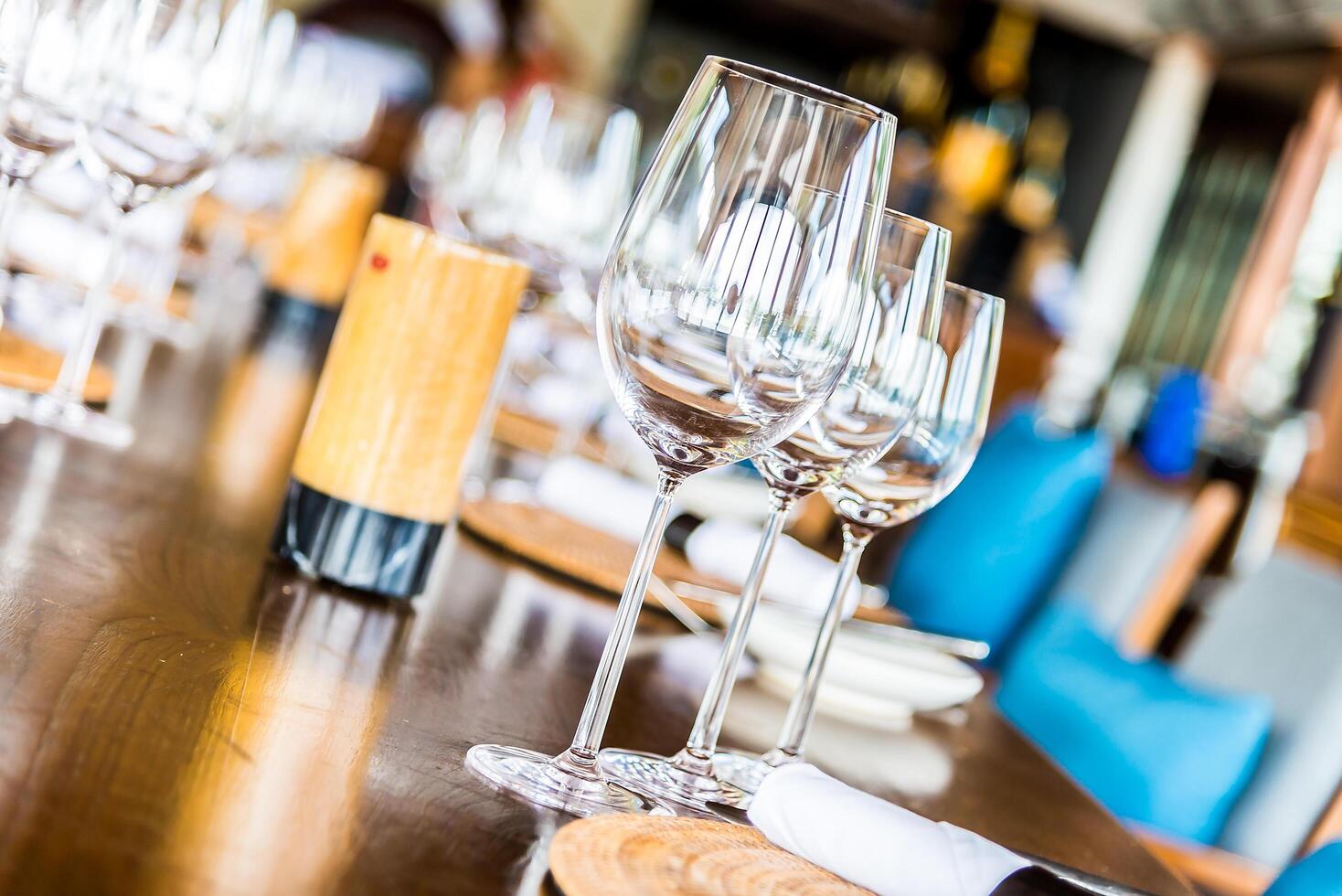 A table with empty wine glasses on it photo