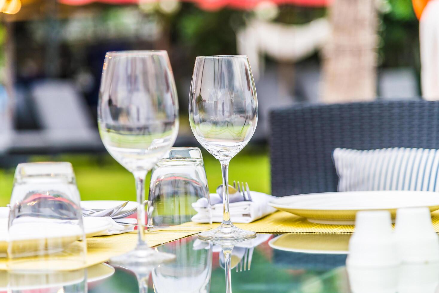 A table with two empty wine glasses and a plate photo