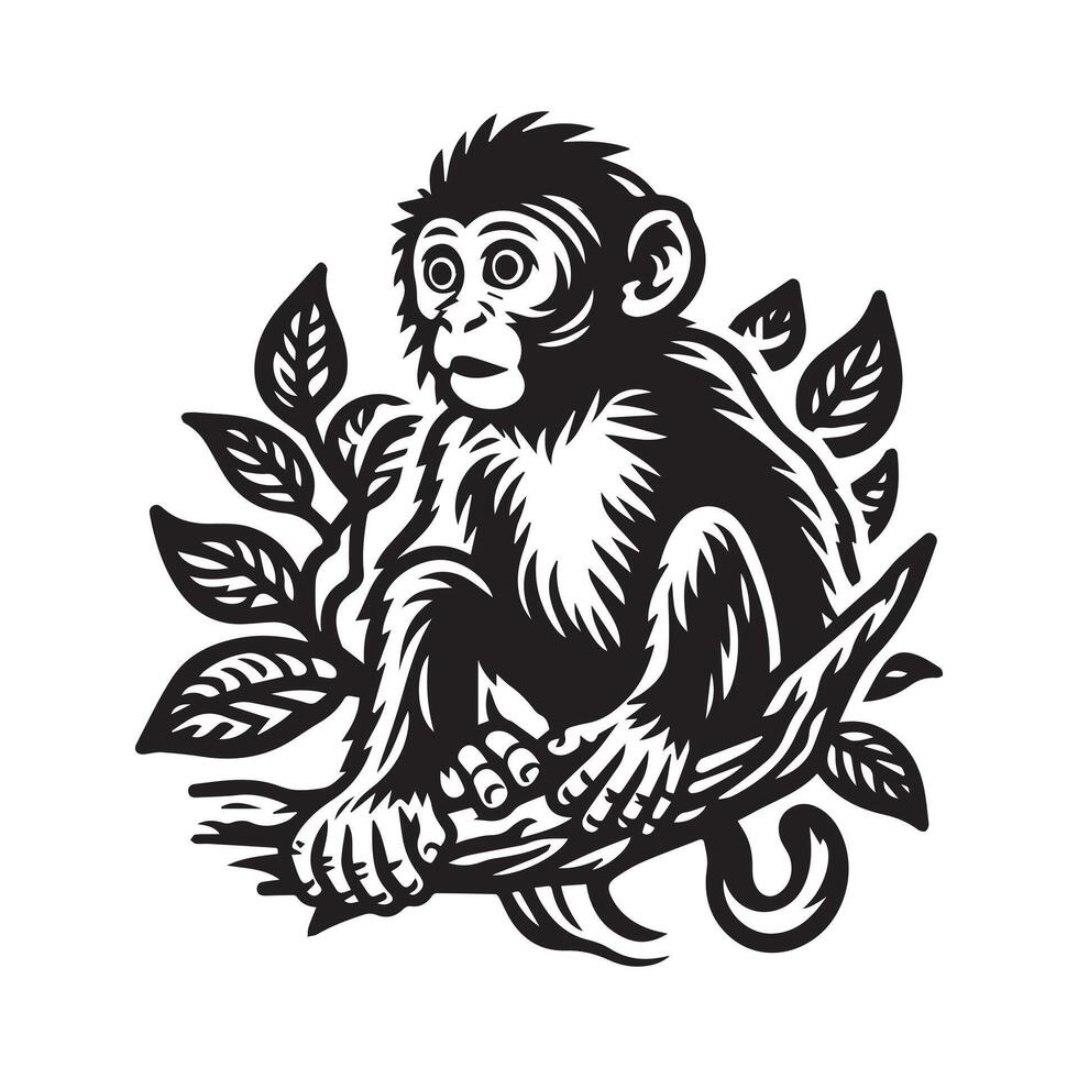 a monkey sitting on a branch with leaves vector