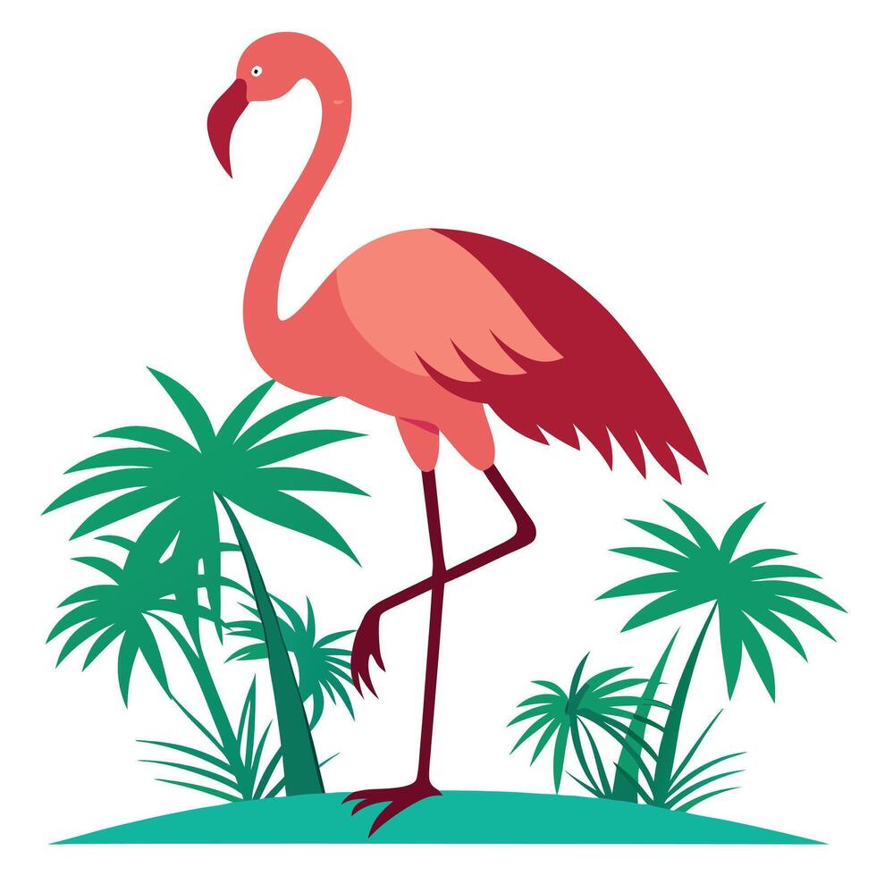 flamingo standing on the grass with palm trees vector