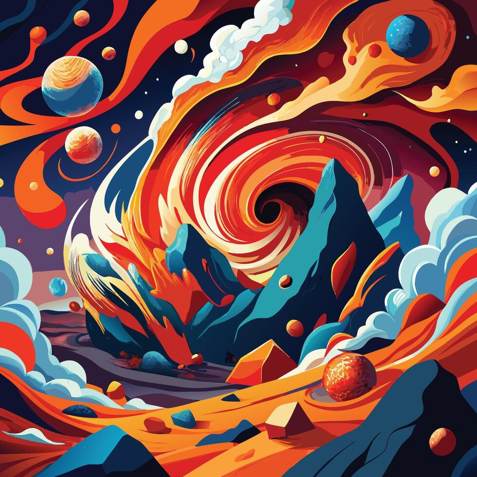 an abstract painting of a mountain and planets vector