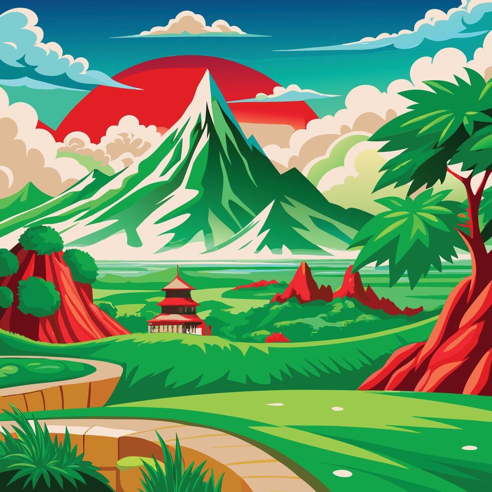 a cartoon landscape with mountains and trees vector