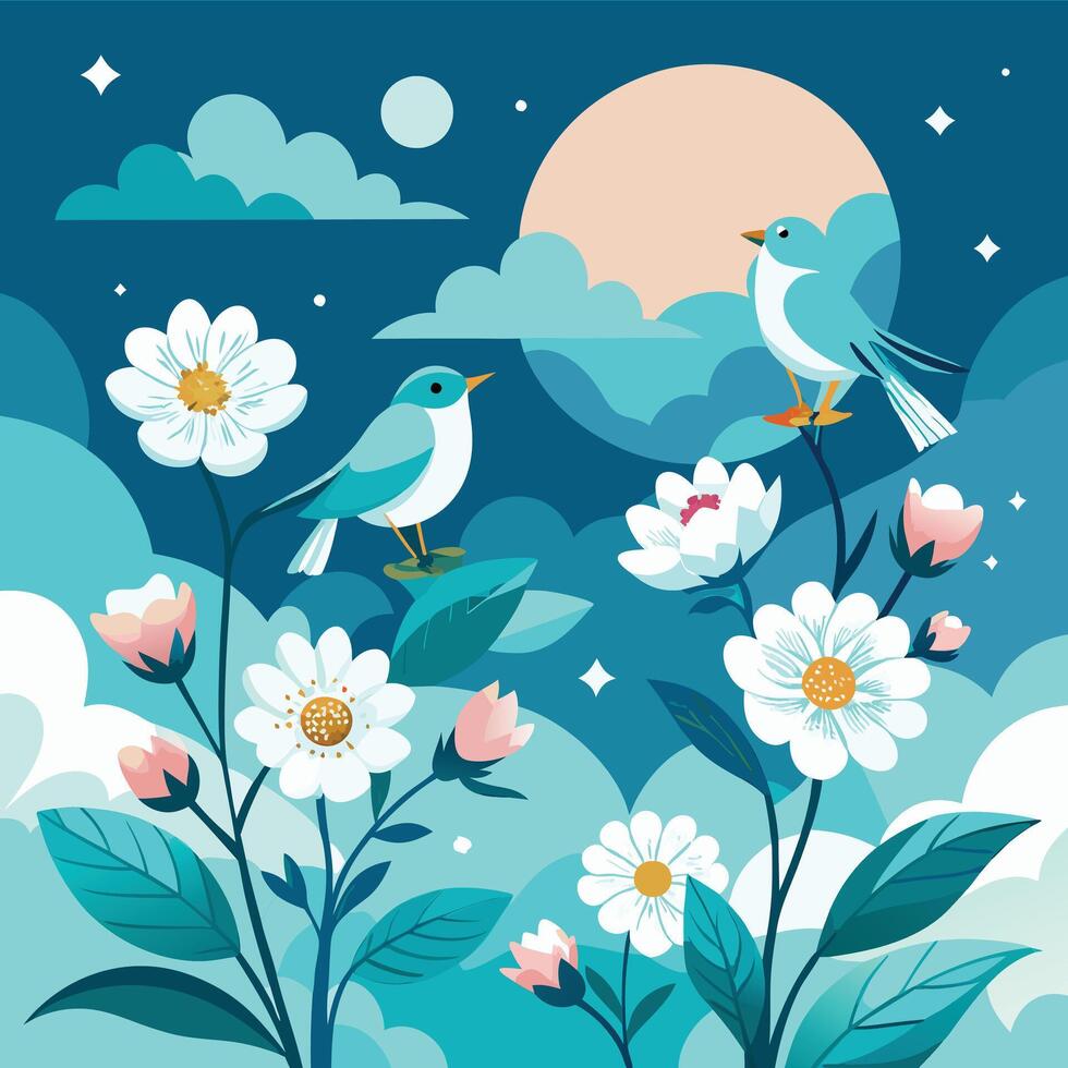 two birds on a flowery background with moon and stars vector