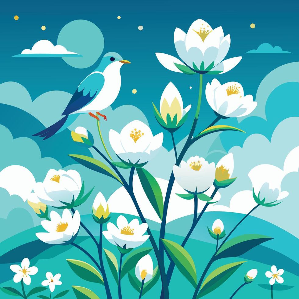 illustration of a bird on a flower vector