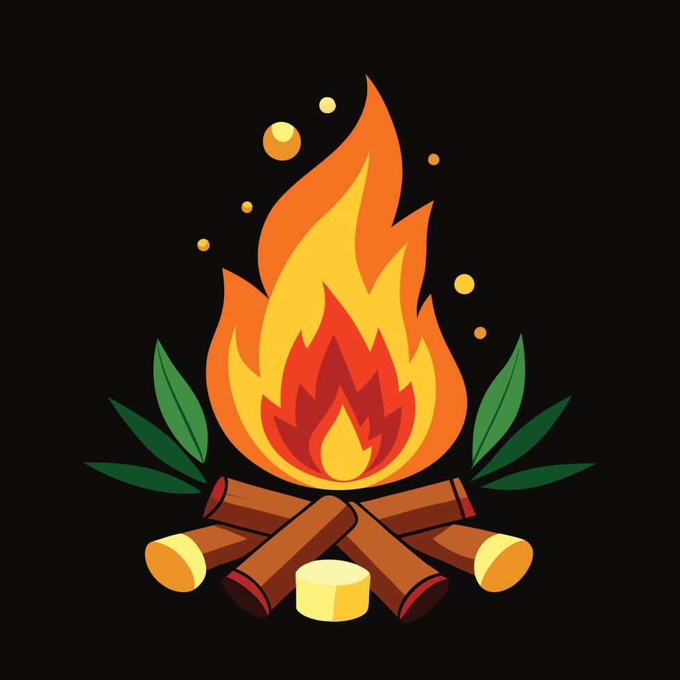 campfire with logs and leaves on a black background vector