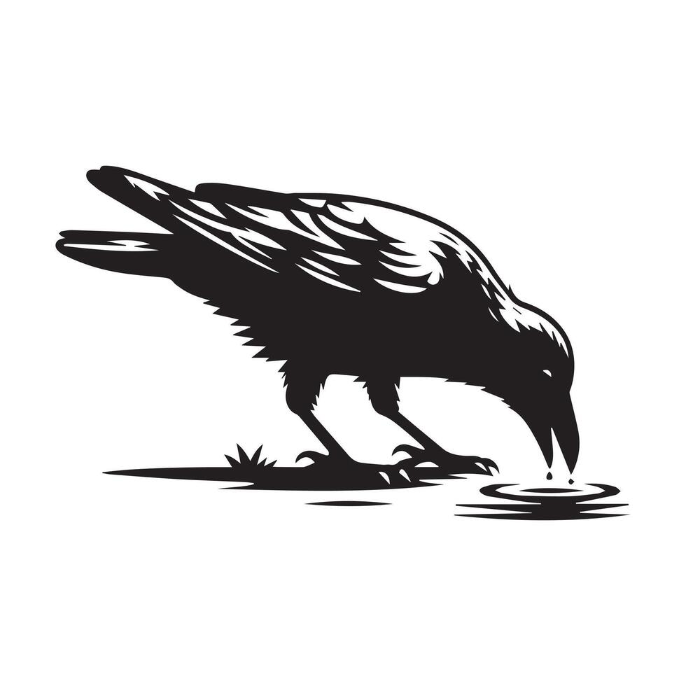 a black and white silhouette of a raven drinking water vector