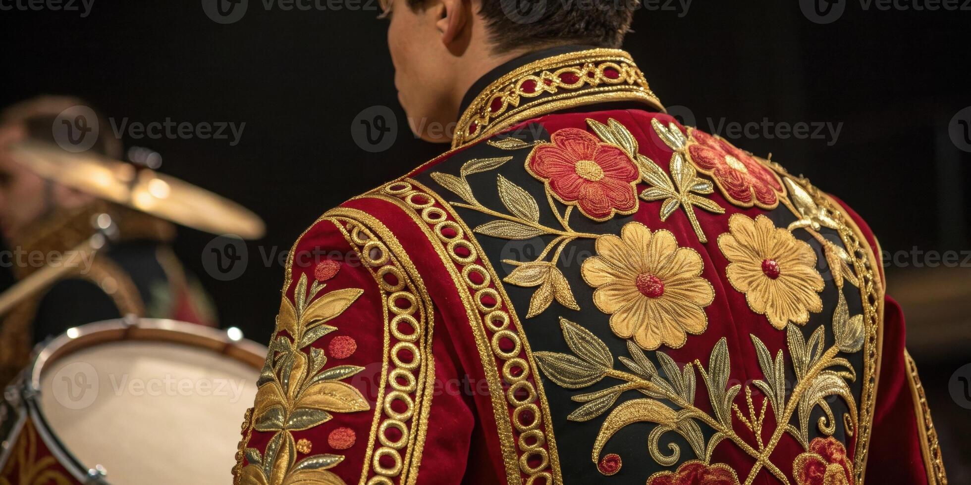 Intricate Costumes An illustration highlighting the detailed embroidery on the drummers garments featuring floral designs all in rich red and gold hues.. photo