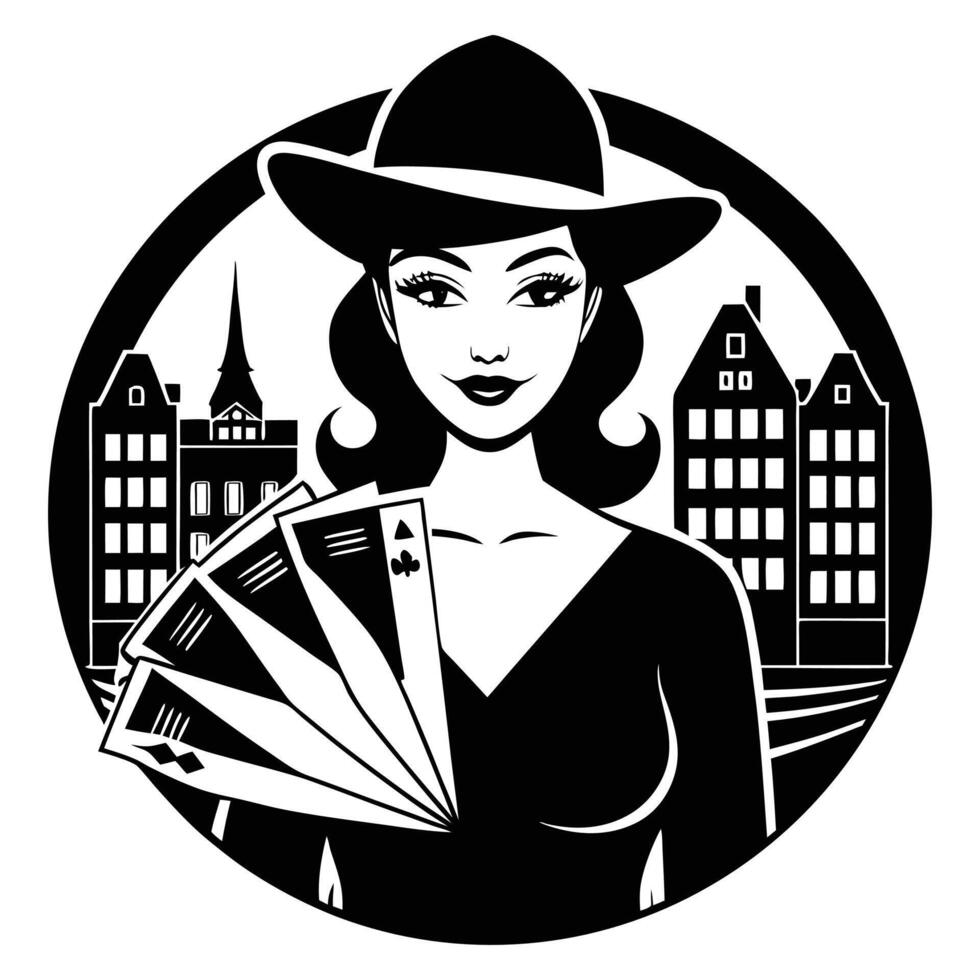 a woman in a hat and hat holding cards vector