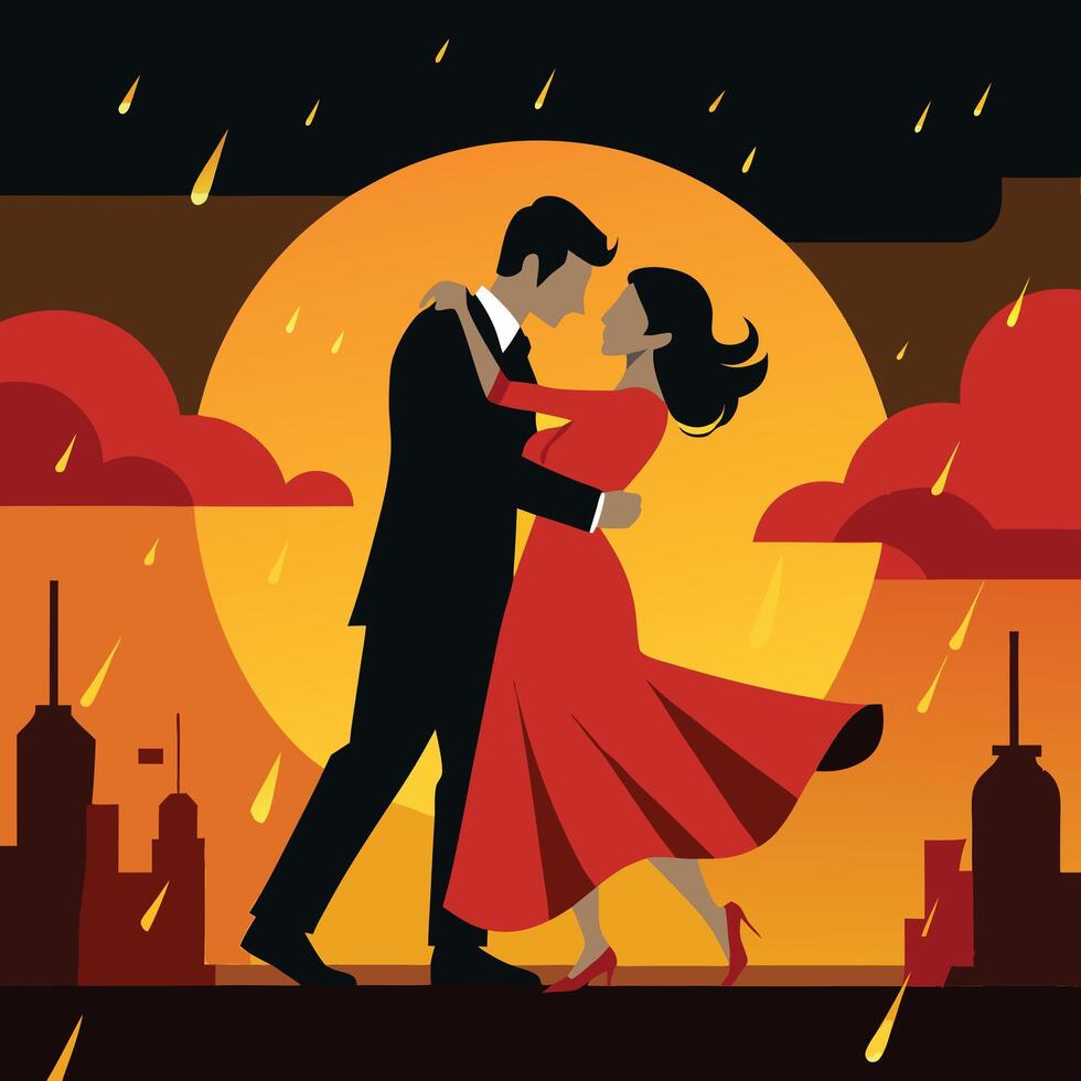a couple dancing in the rain with the sun in the background vector