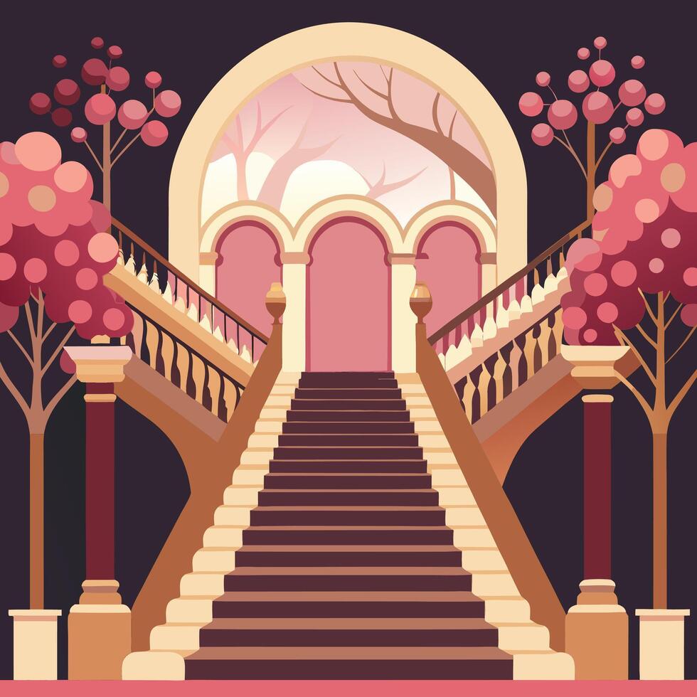 an illustration of a staircase with trees and flowers vector