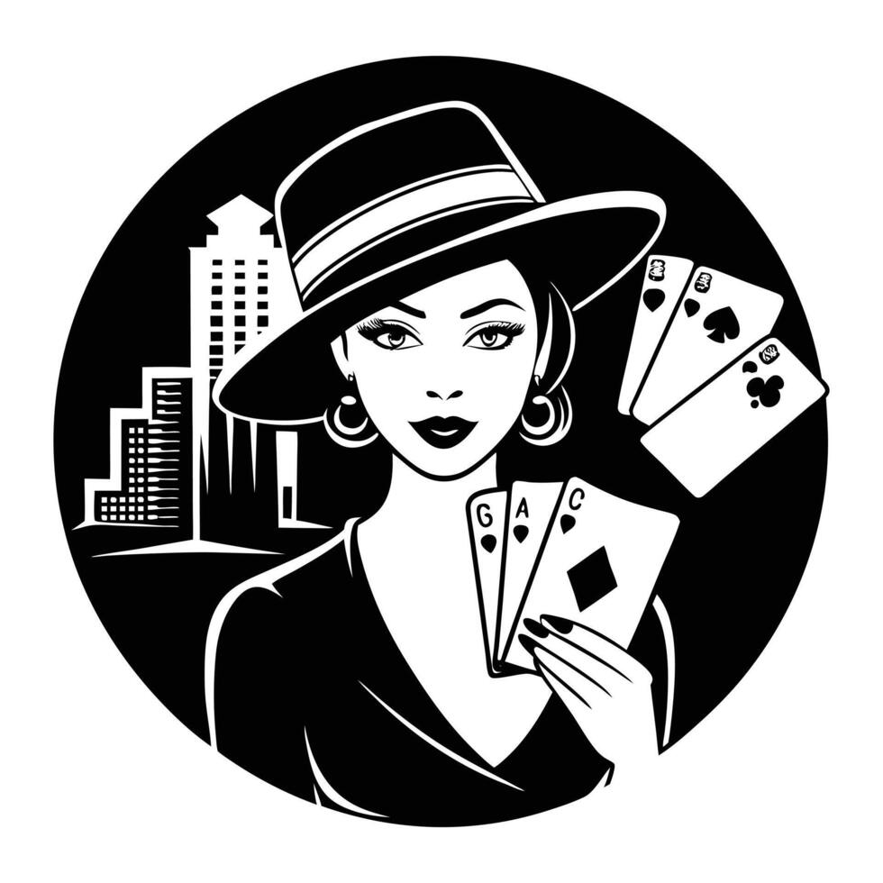 a woman in a hat holding cards and playing cards vector