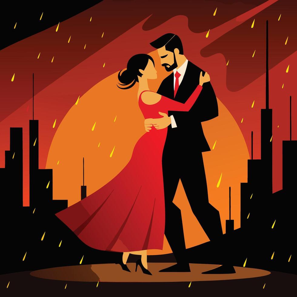 a couple dancing in the rain in front of a city vector
