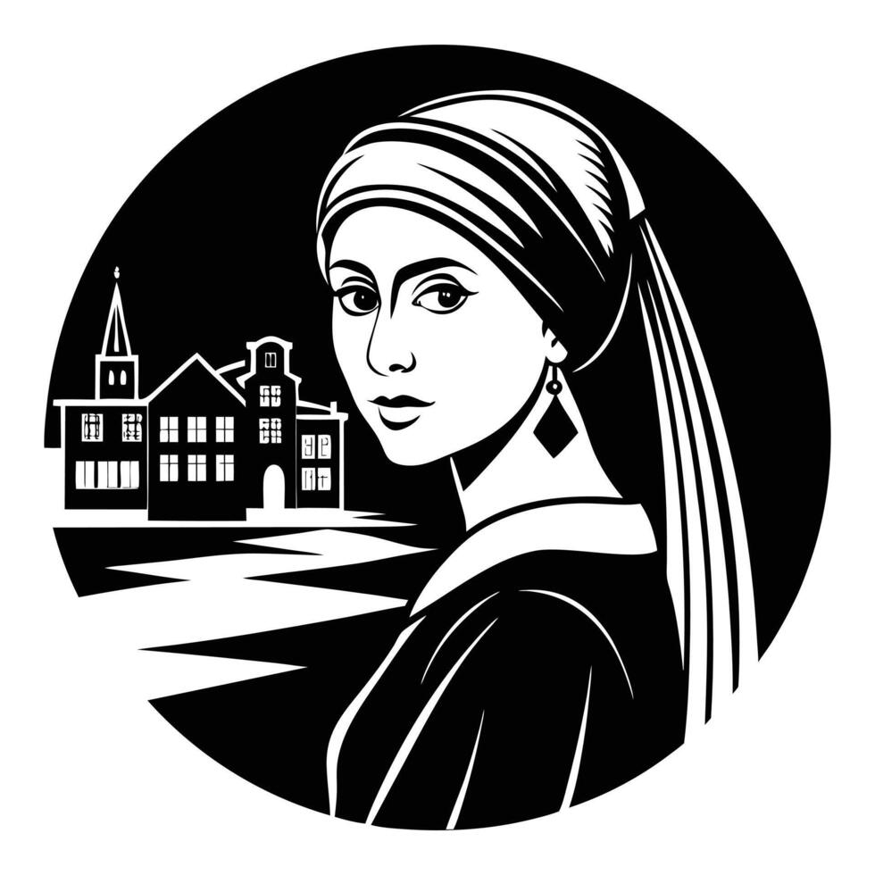 a woman with a pearl earring in a black and white circle vector