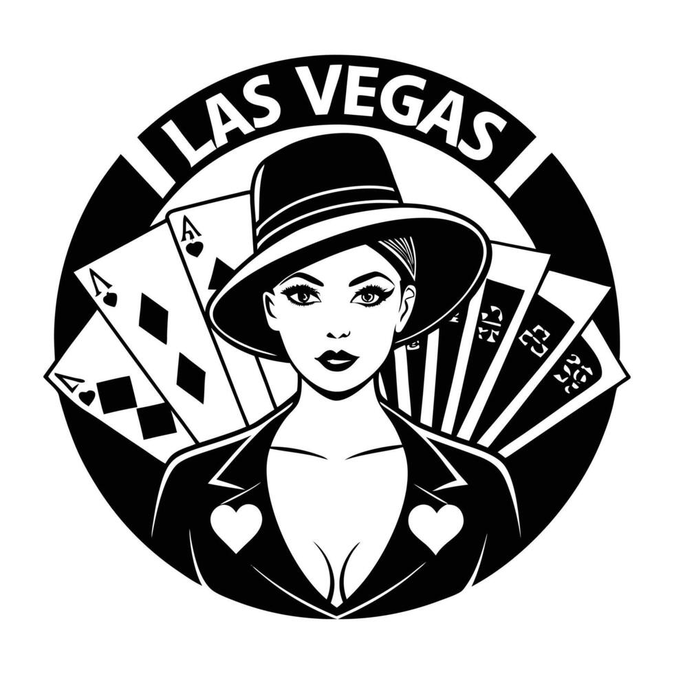 the las vegas logo with a woman holding cards vector