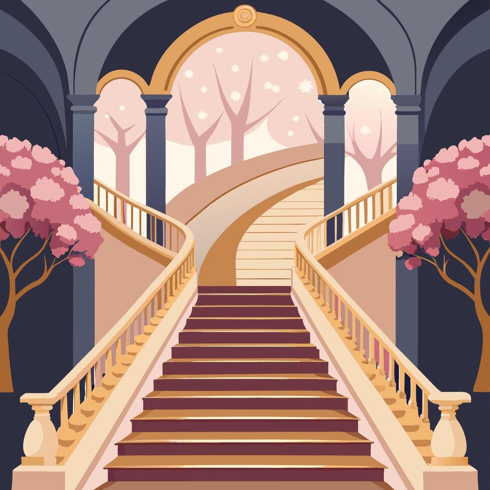 an illustration of a staircase with trees and flowers vector