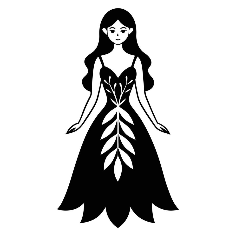 a black and white illustration of a woman in a dress vector