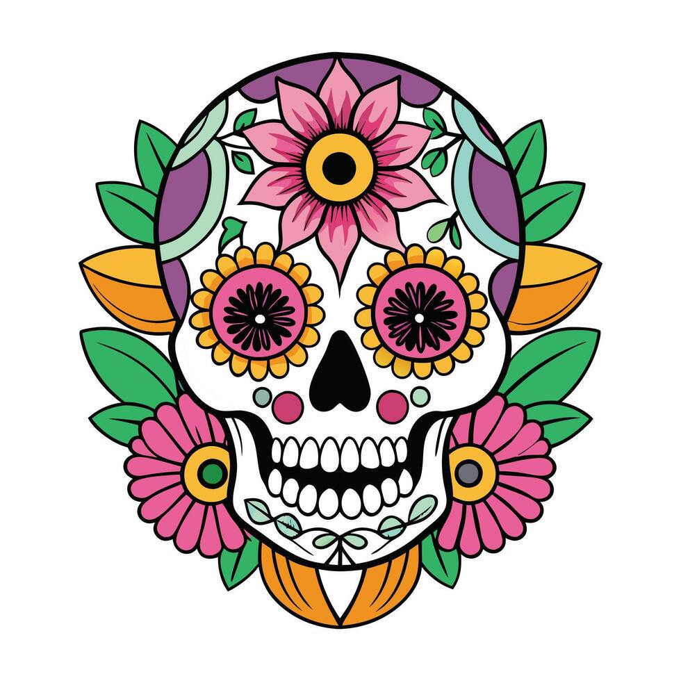 a sugar skull with flowers and leaves vector