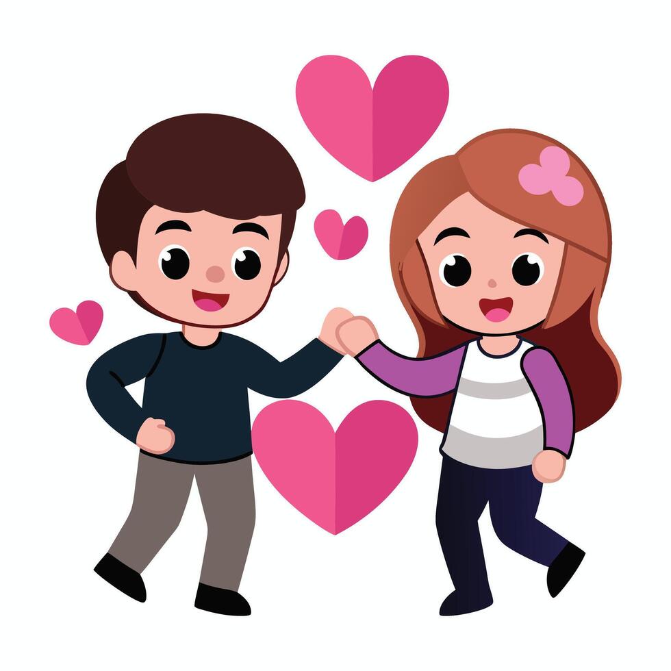 cartoon couple holding hands and standing in front of hearts vector