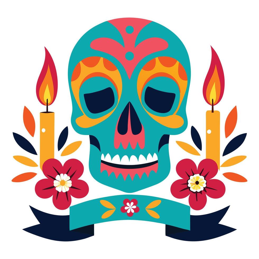 day of the dead skull with flowers and candles vector