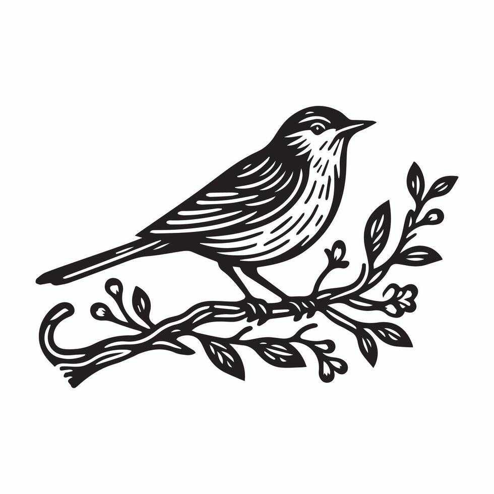 bird on branch with leaves and flowers vector
