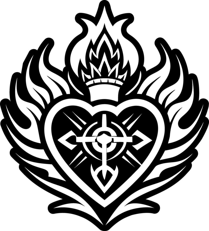 A black and white heart with flames on it vector