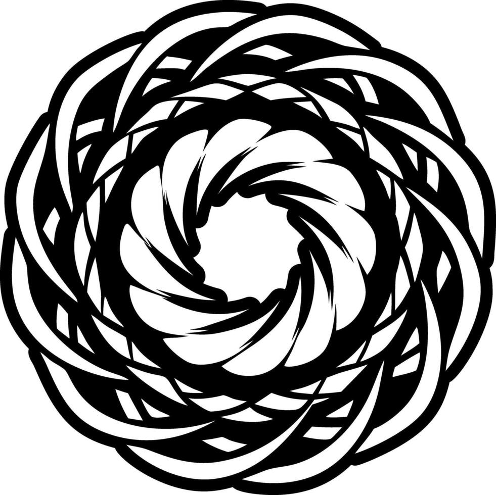 A black and white circular design with a spiral vector