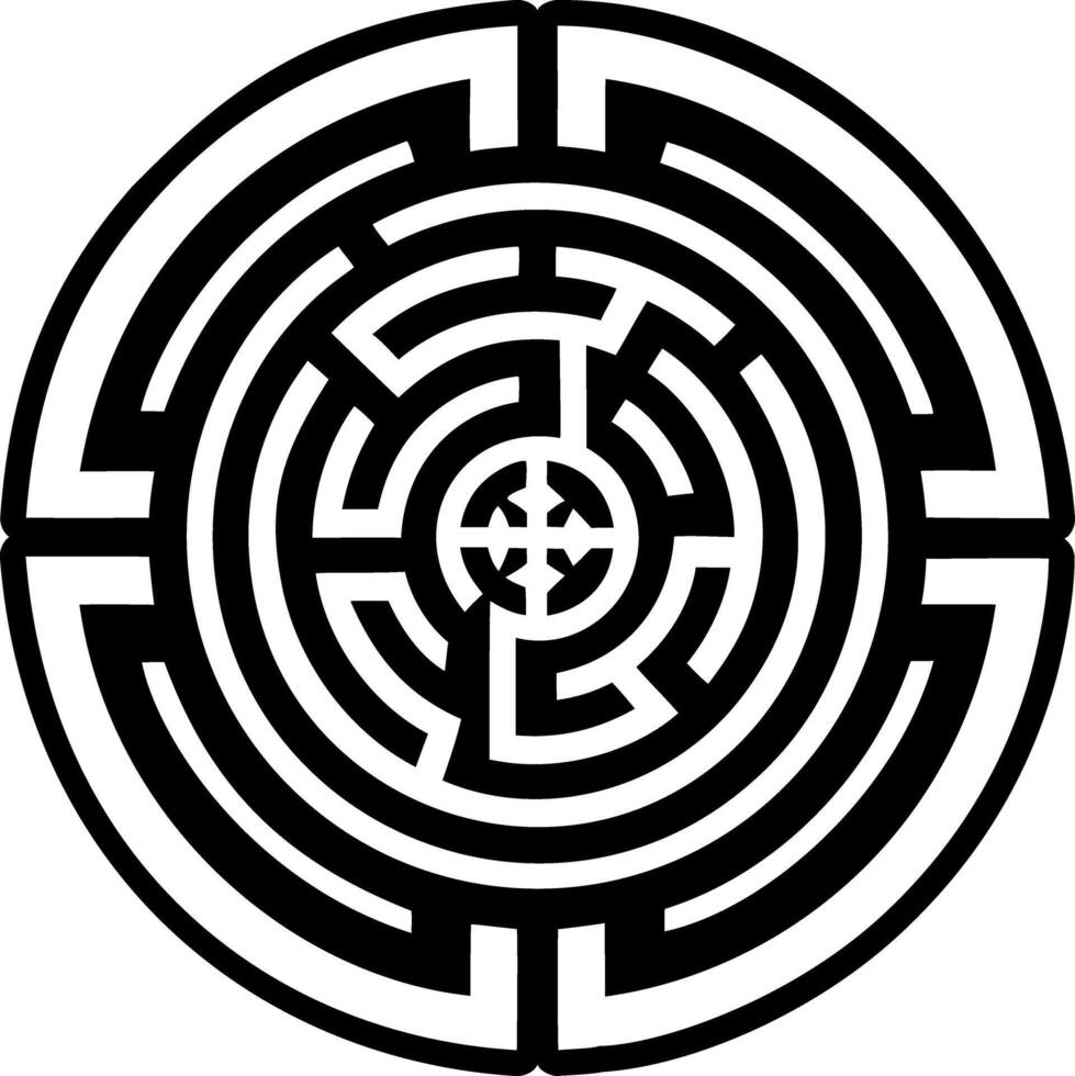 A black and white maze with a circular design vector