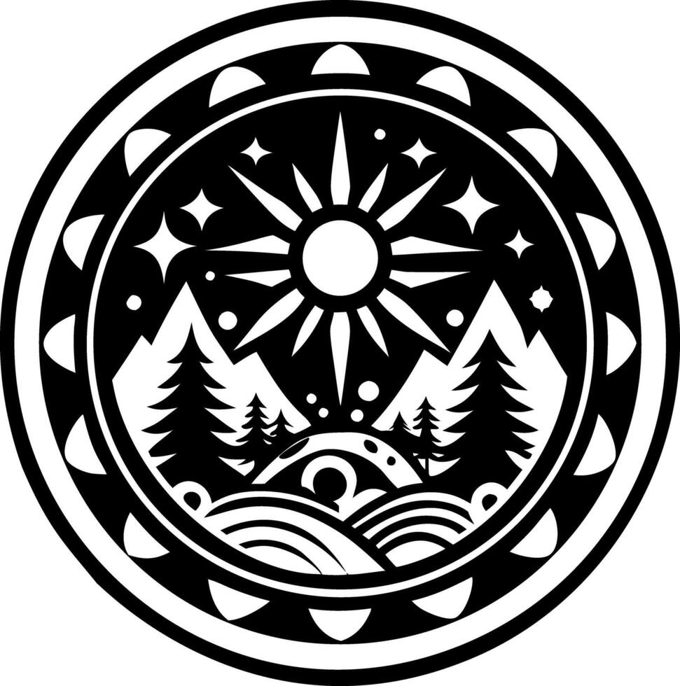 A black and white logo with a mountain and trees vector